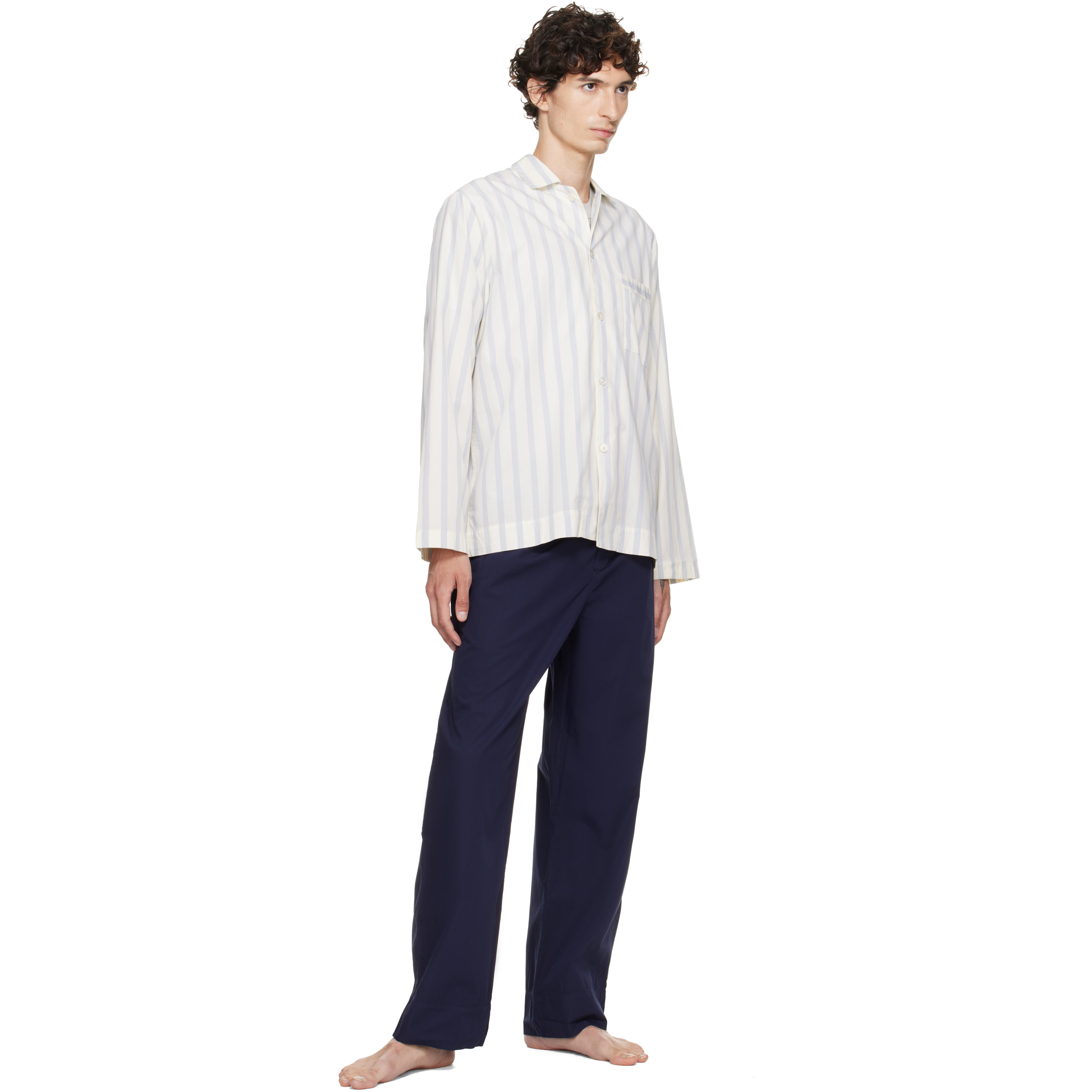 Off-White & Blue Poplin Long-Sleeved Pyjama Shirt