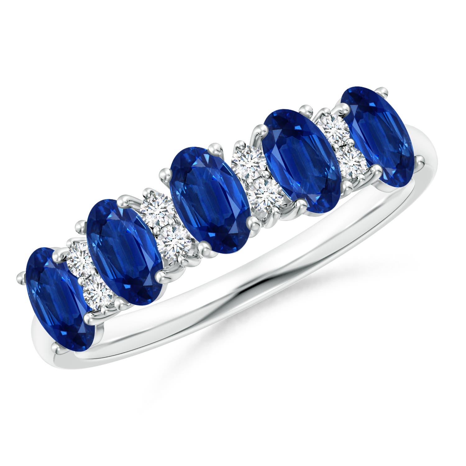 Angara 1.5 Carats Five Stone Blue Sapphire and Diamond Wedding Ring in Platinum
