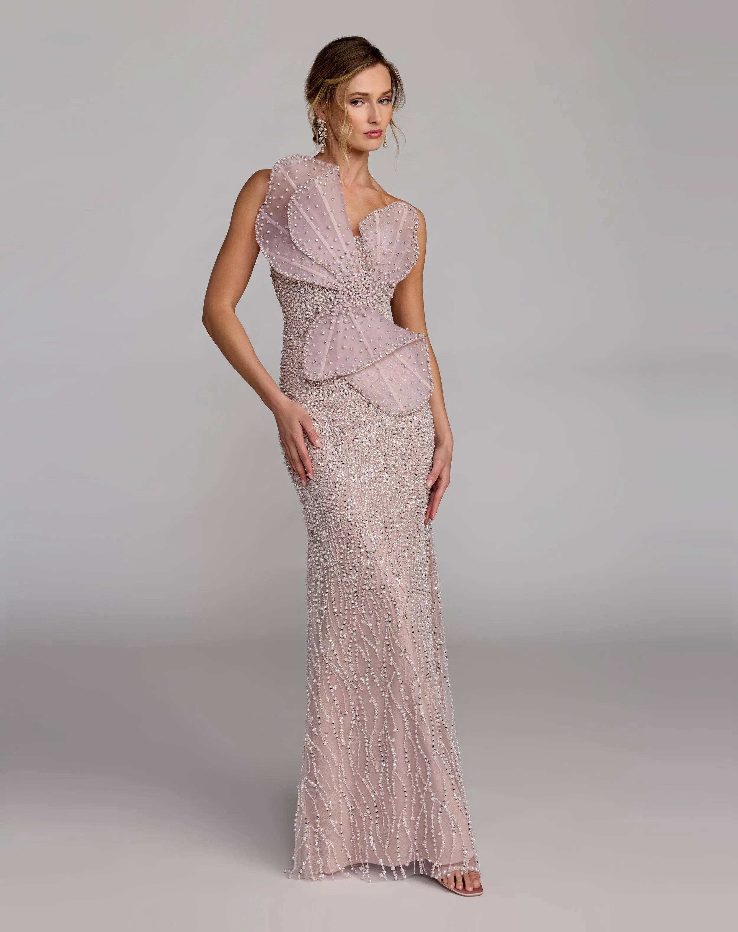 Purple Strapless Embellished Column Gown With 3D Petals