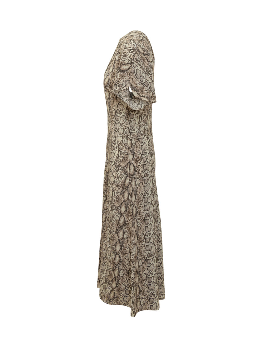 Beige Animal Print Round Neck Maxi Dress