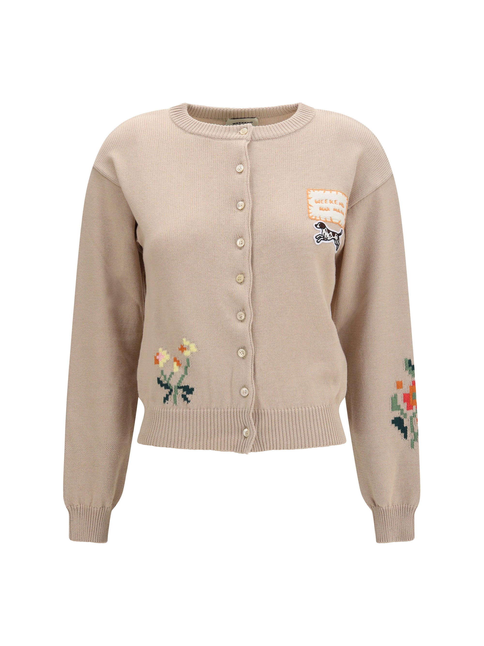 Intarsia Cotton Knit Cardigan — Beige