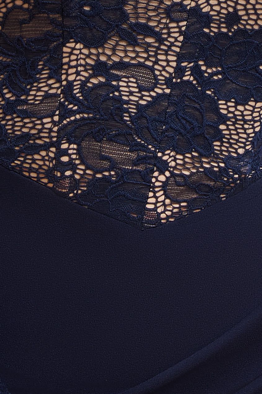 One Shoulder Organza  Fan Detail Lace Bodice Maxi Dress