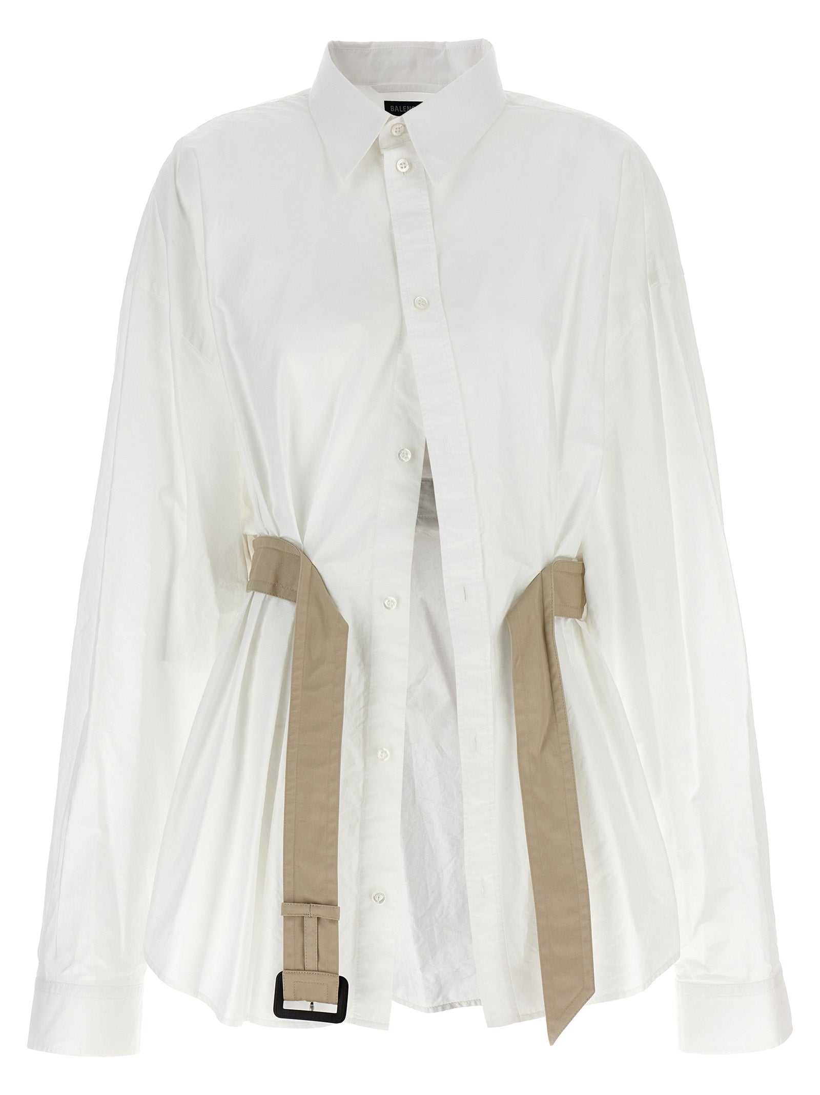 Contrast Belt Cotton Blouse — White