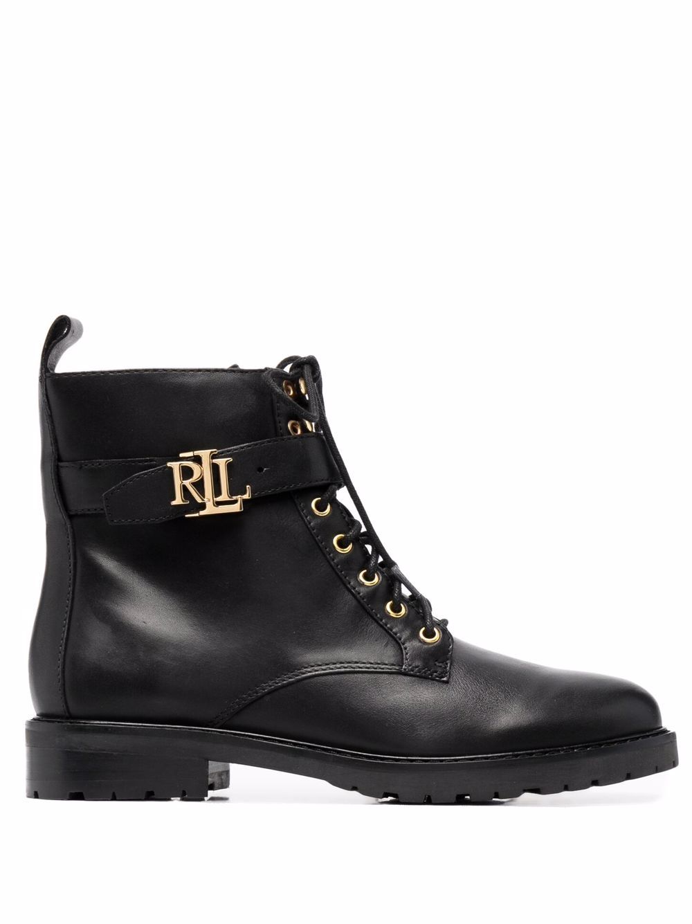 Burnished logo-plaque lace-up leather boots - Black