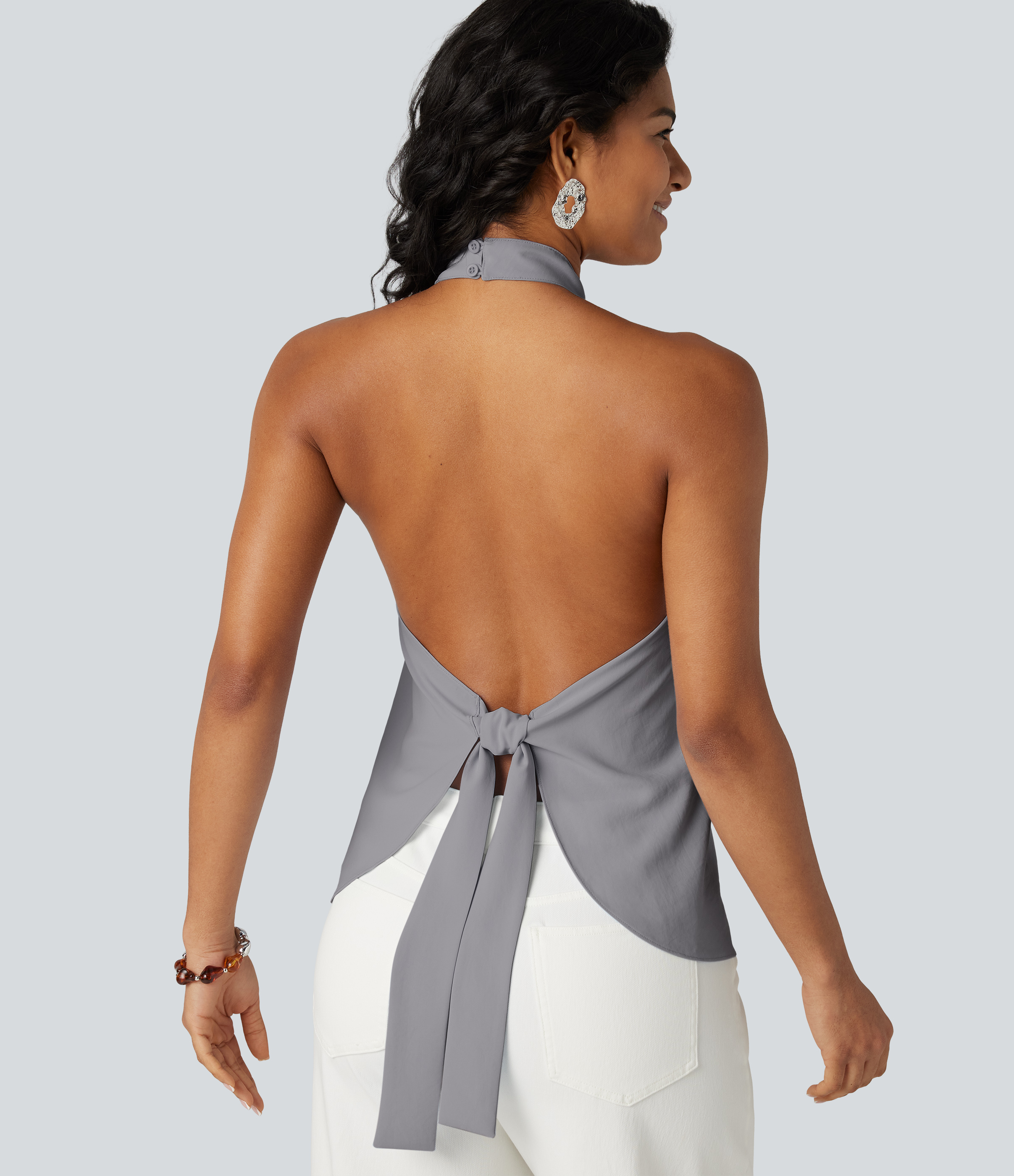 Backless Tie-back Casual Halter Top Tank Top - Light Mottled Grey