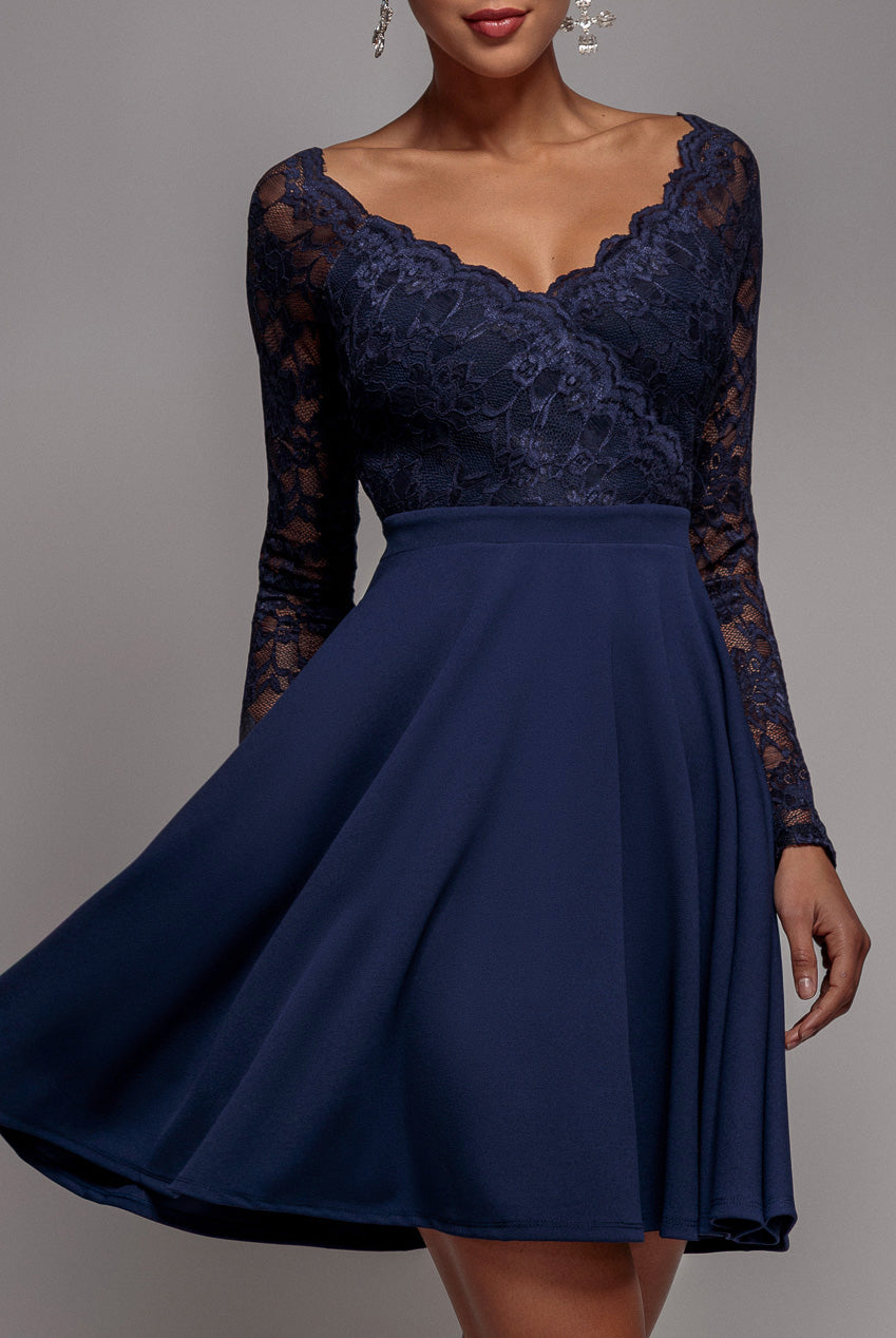 Goddiva Off The Shoulder Lace Skater Mini Dress - Navy Blue