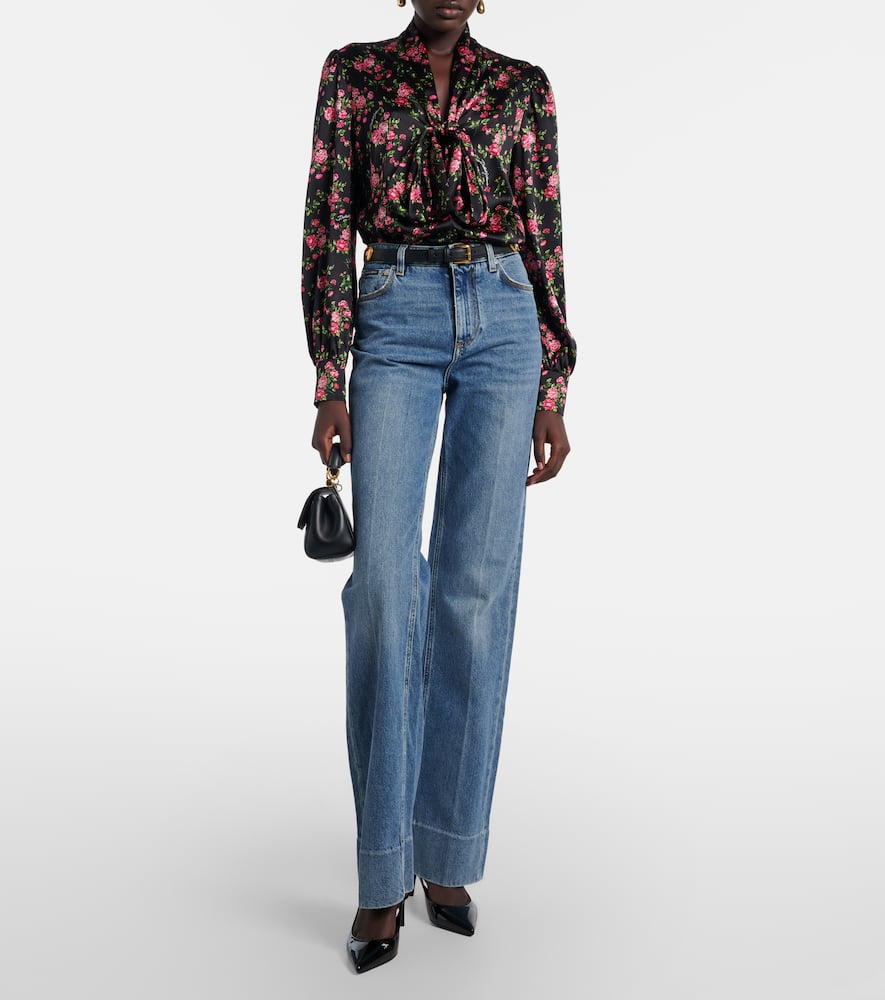 Floral tie-neck silk-blend satin blouse
