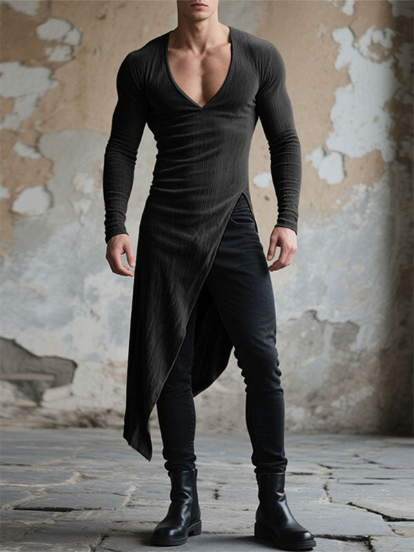 Mens Textured Deep V-Neck Long Sleeve T-Shirt SKUL24719 - Black / S