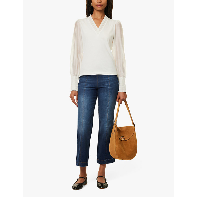 Womens Cream Fluid Layering Frilled-trims Cotton-blend Top