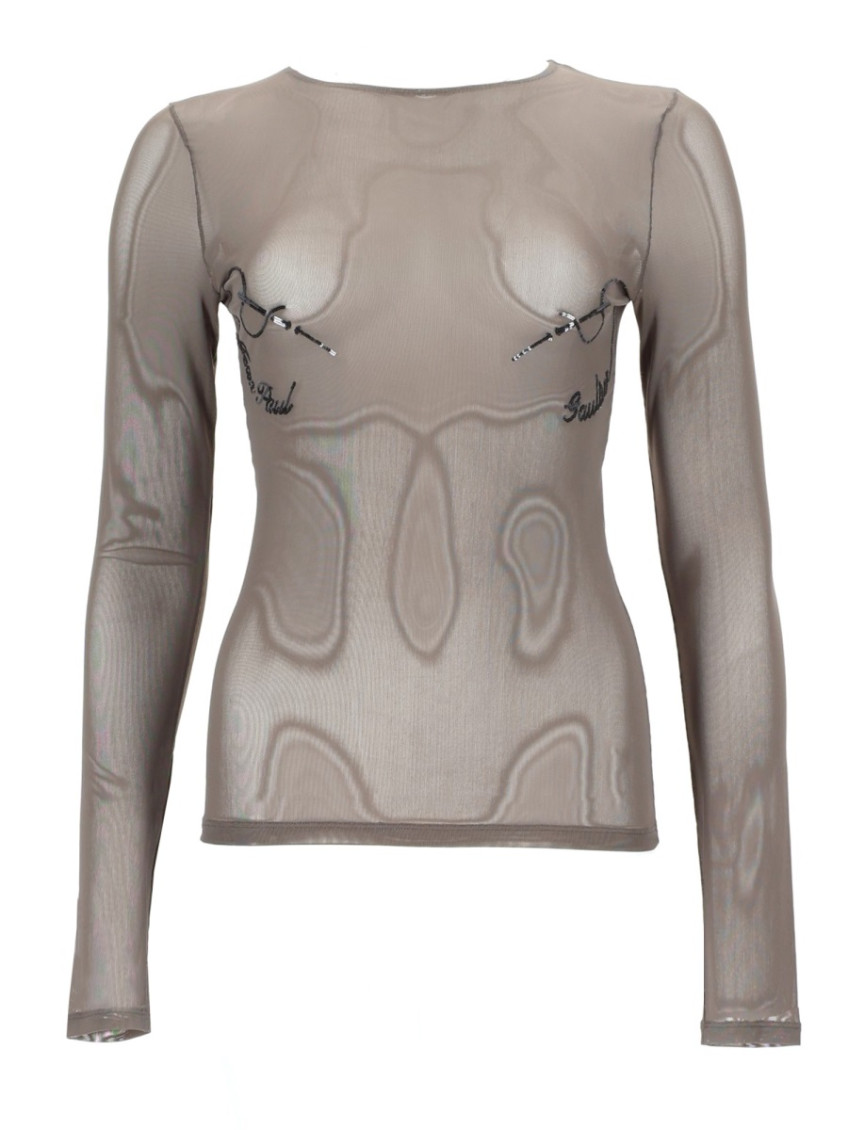 Jean Paul Gaultier - top needles sheer embroidered long sleeve