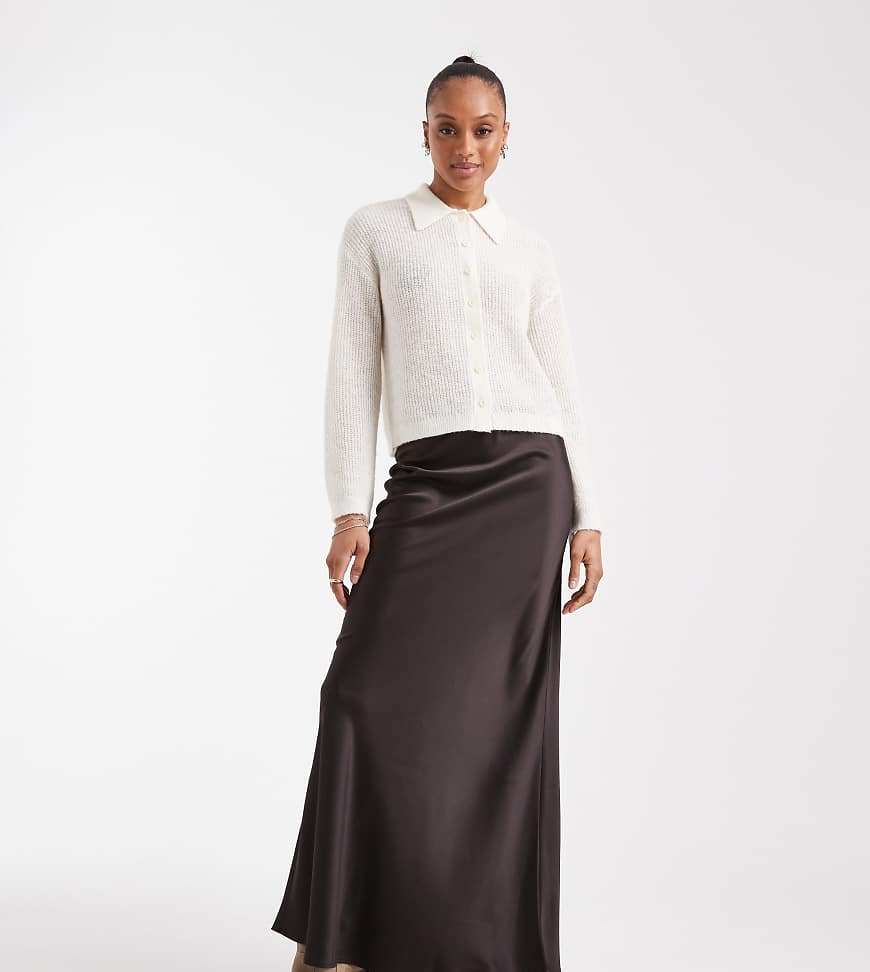 Satin bias cut midi skirt in chocolate-Brown