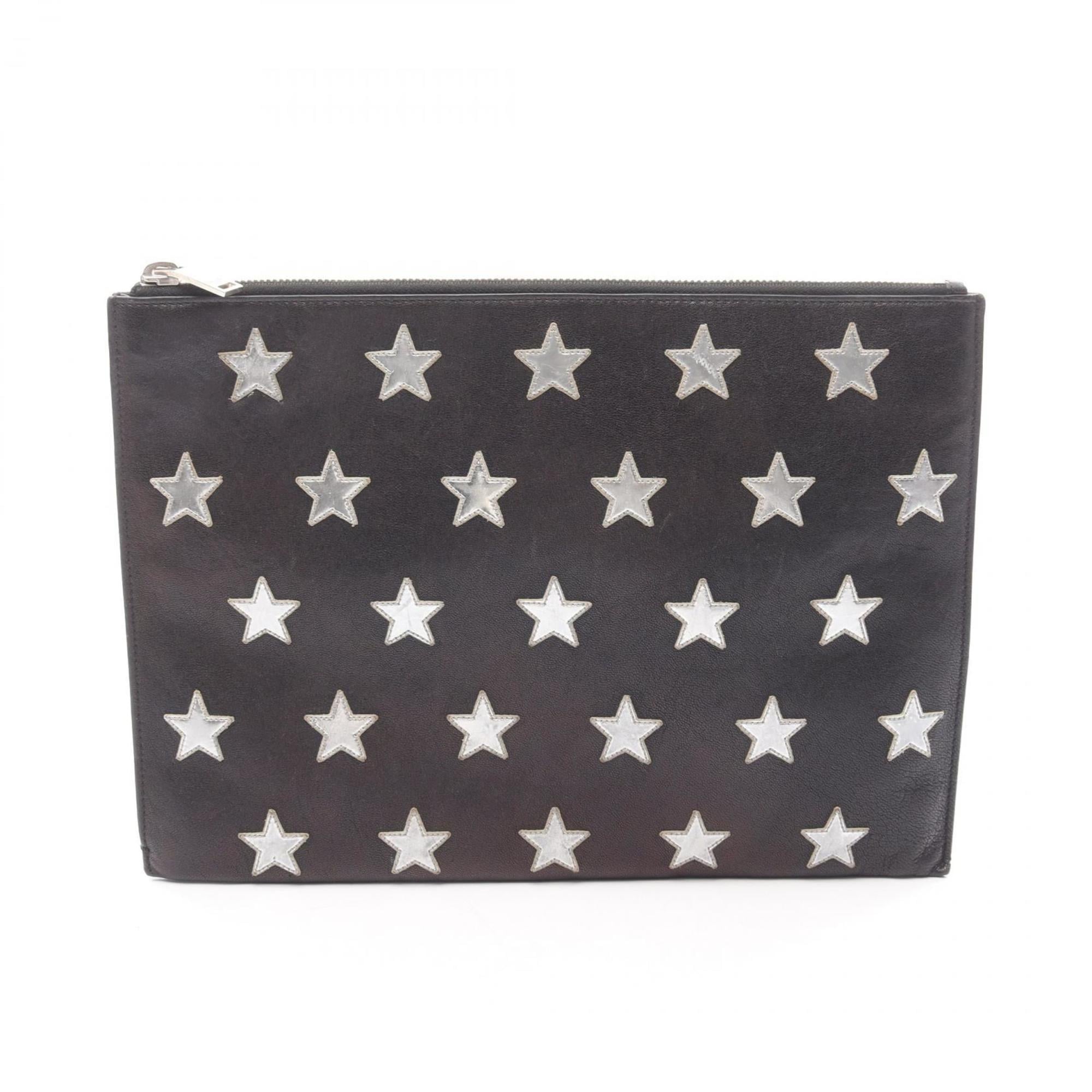 Yves Saint Laurent Black Silver Leather Clutch Bag Handbag Pre-Owned