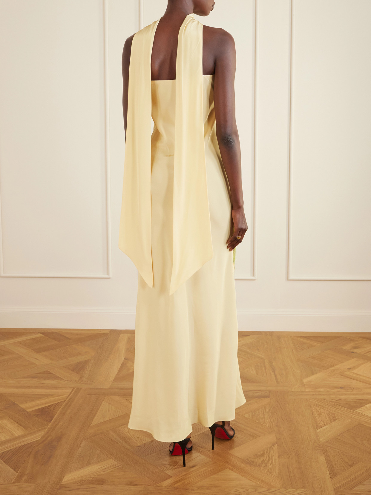 Strapless Scarf-detailed Floral-print Silk-crepe Gown - Yellow