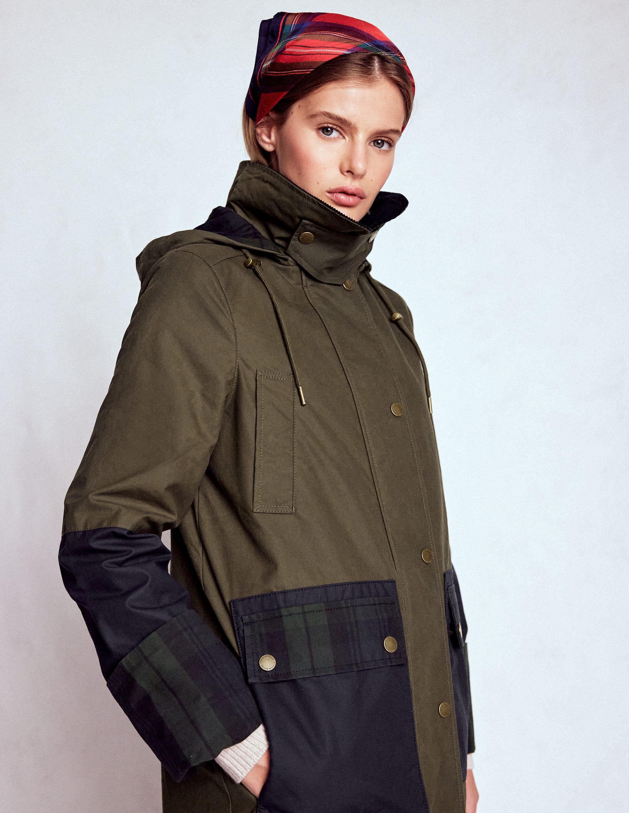 Longline Wax Coat Navy Khaki Colourblock