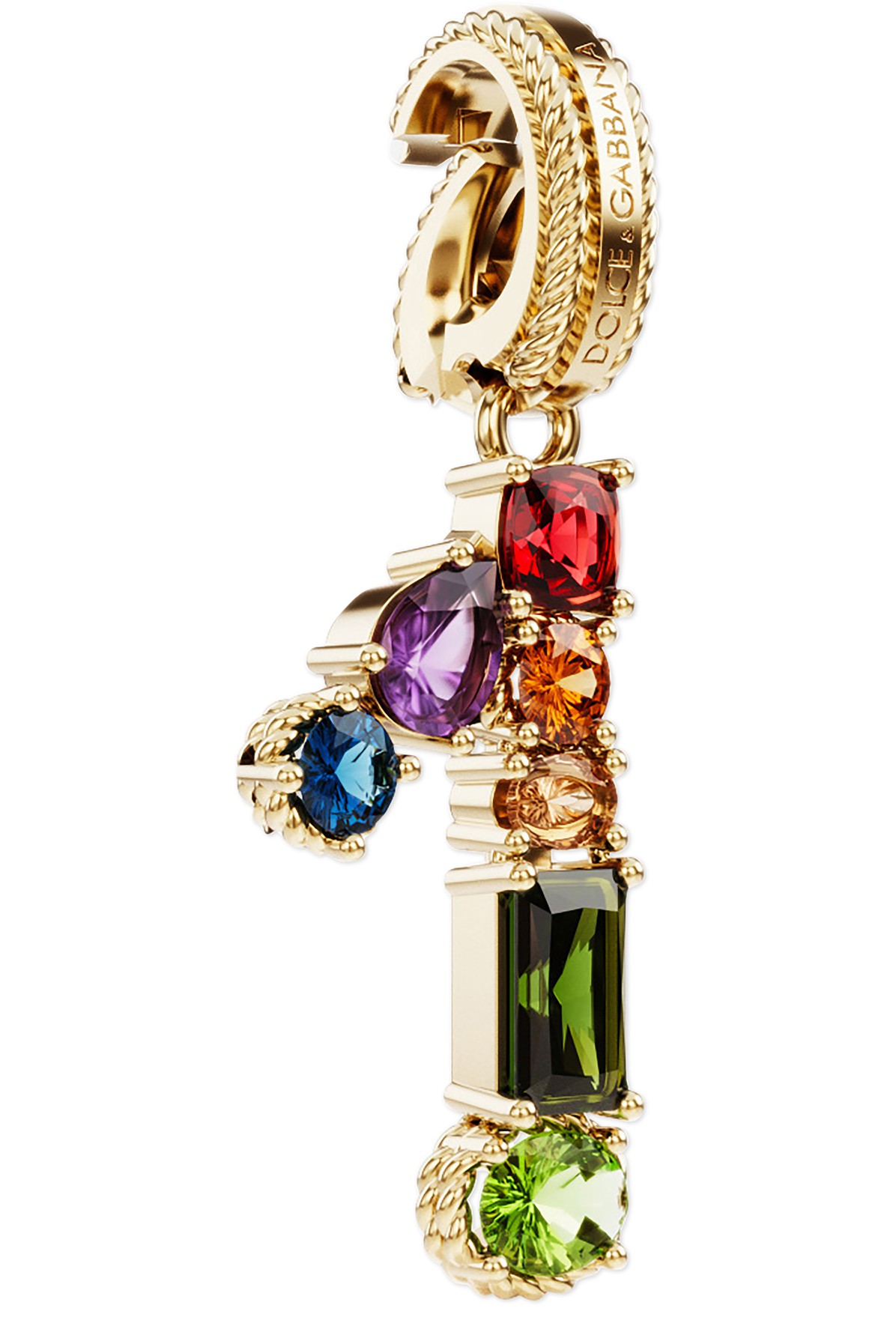 18 kt yellow gold rainbow pendant with multicolor finegemstones representing number 1