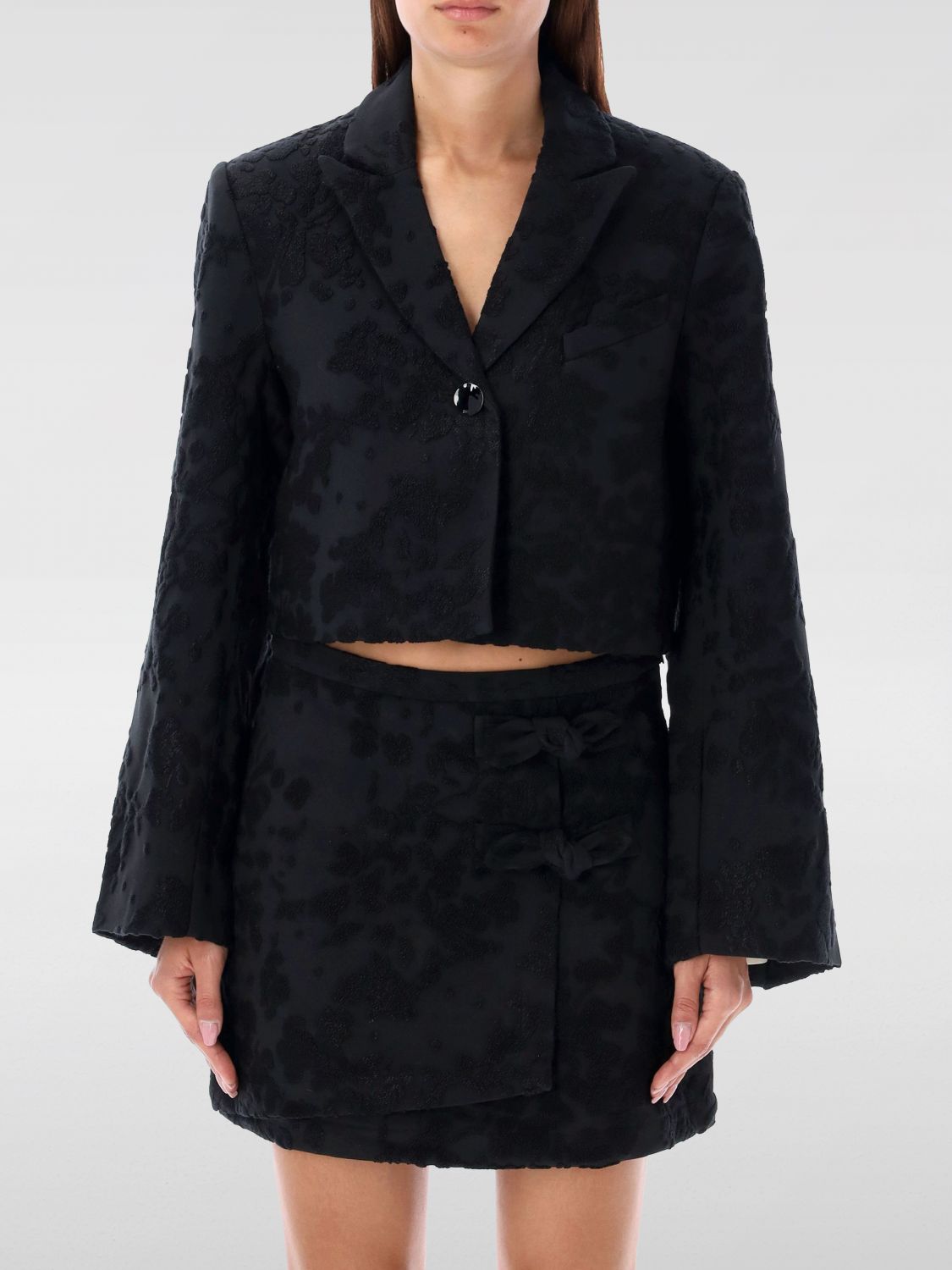 Floral-embroidered cropped blazer - Black