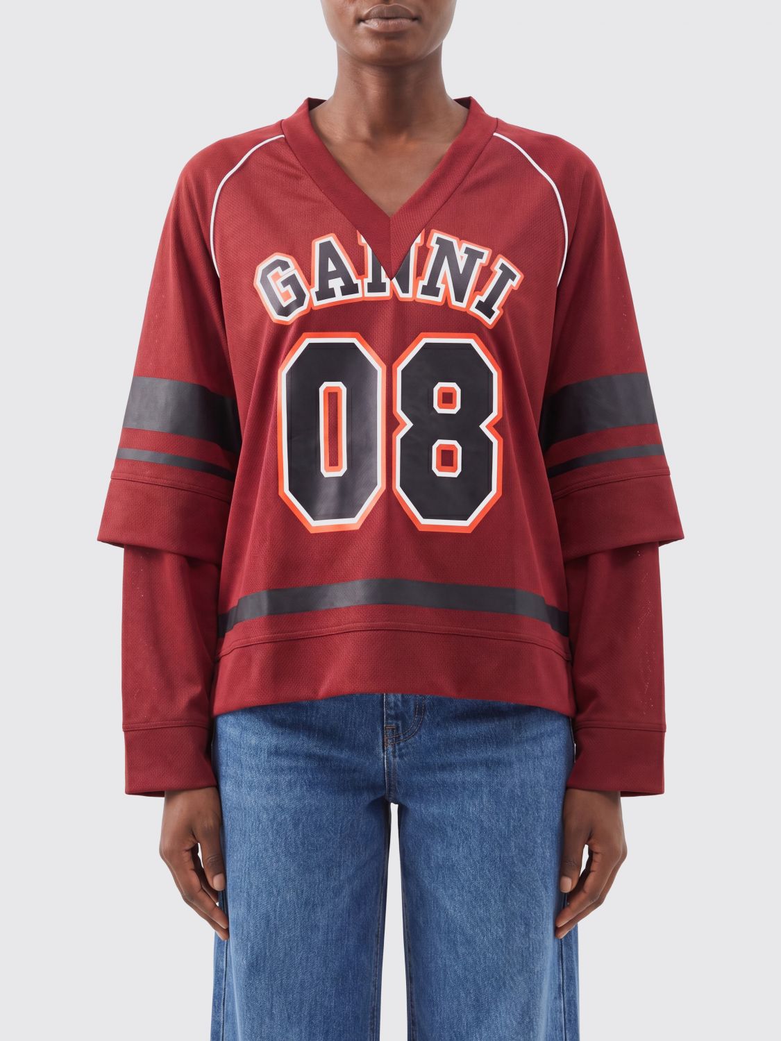 Long-Sleeved V-Neck Polyester T-Shirt with Logo