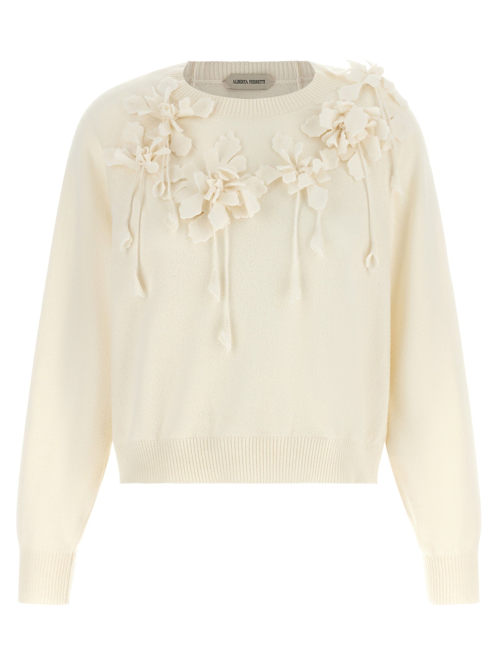3D Floral-Embroidered Sweater — Cream