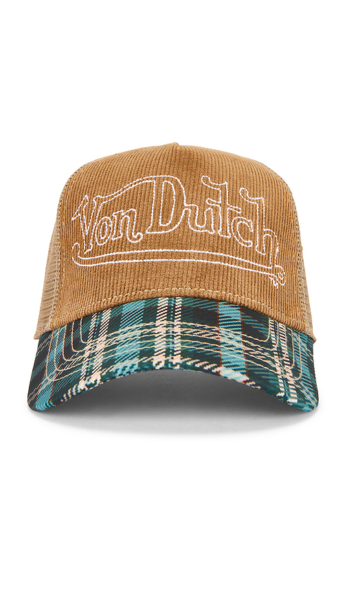 Von Dutch Plaid Cord Trucker Hat in Brown