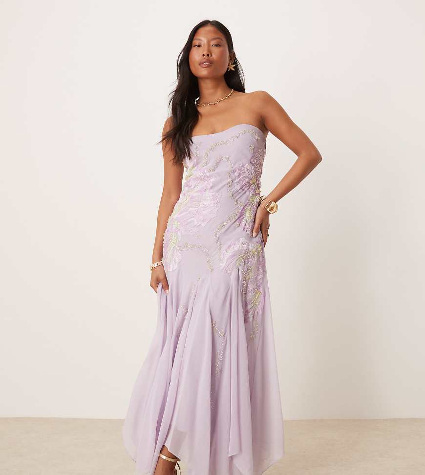 ASOS DESIGN Petite bandeau floral embellished maxi dress in lavender-Purple