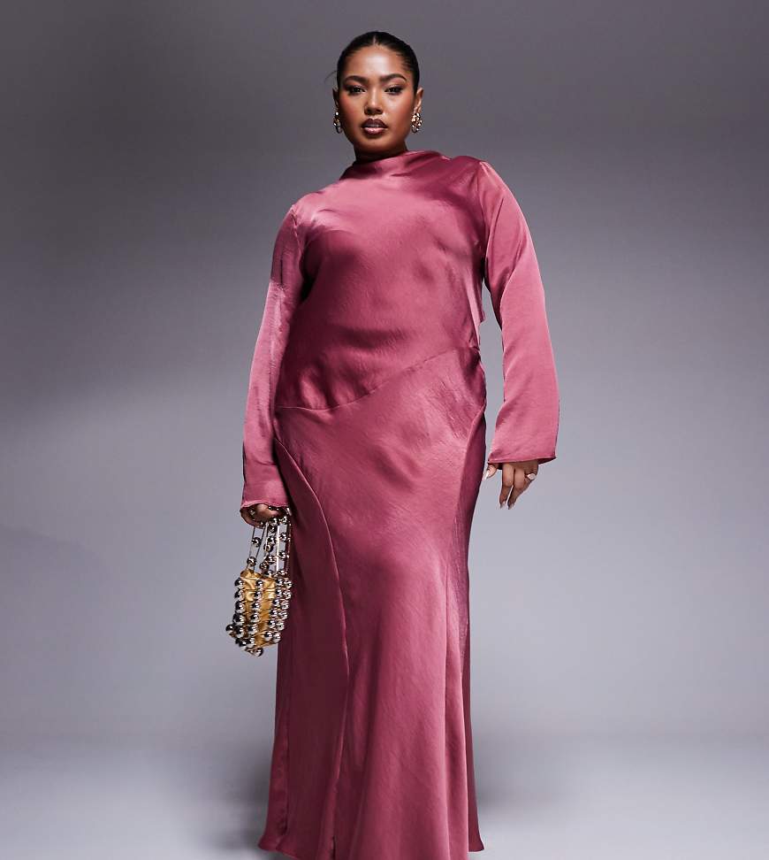 ASOS DESIGN Curve high neck seam detail satin maxi dress in dusky rose-pink