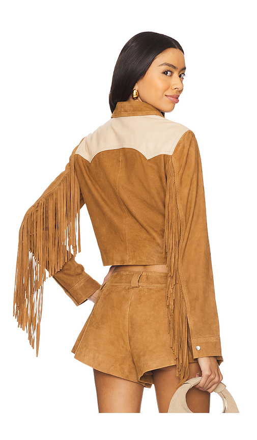 Understated Leather Combo Fringe Jacket in Brown. M also in S, XS