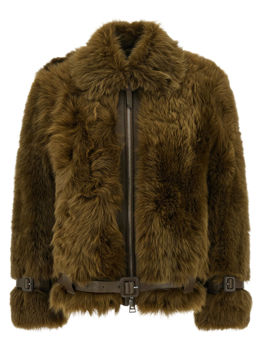 Brown Jacket With Adjustable Belt On The Waist In Fur Woman