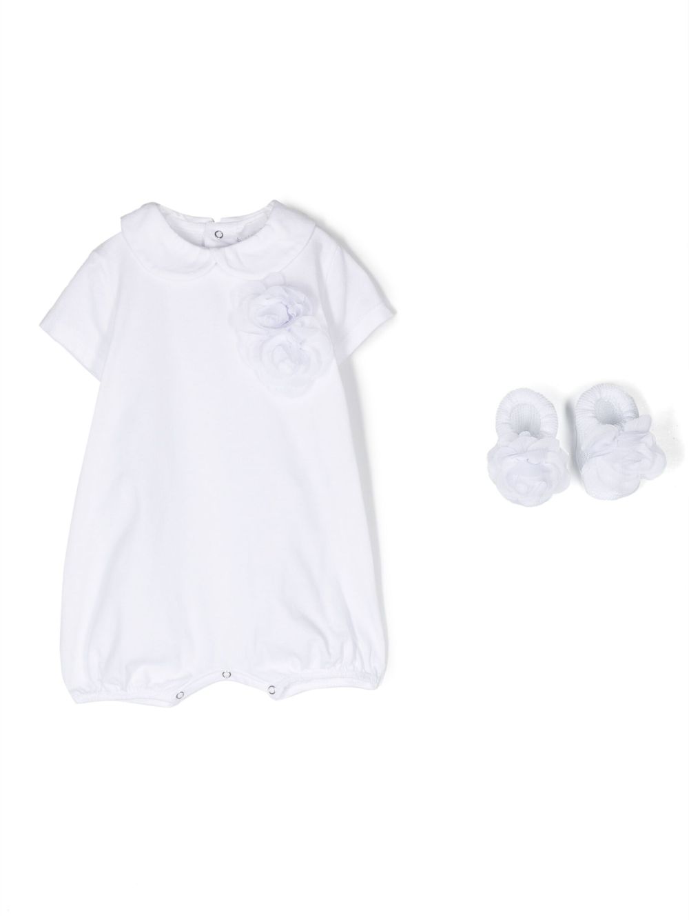 Rose-appliqué romper set - White