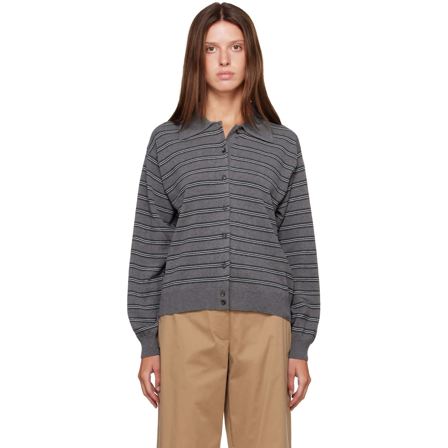 Gray Organic Cotton Striped Polo Cardigan