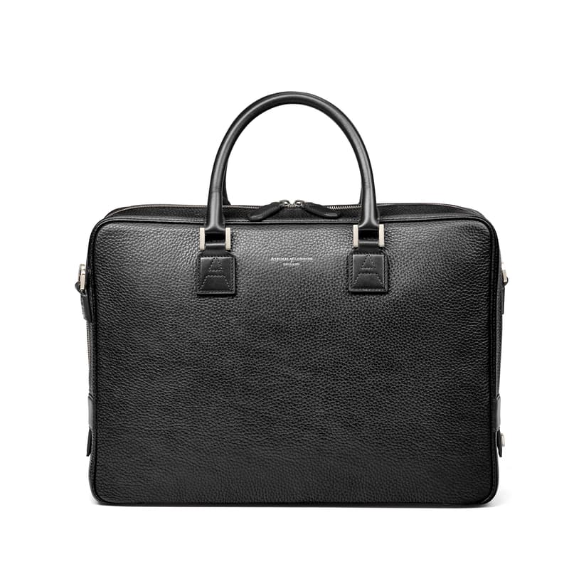 Mount Street Leather Laptop Briefcase Bag in Black Pebble