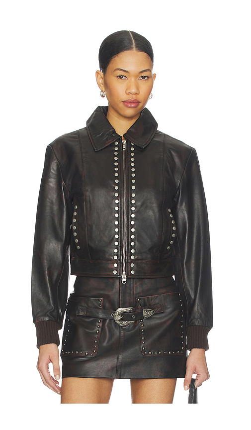 Understated Leather Studded Jacket in Chocolate. XS. Also in S