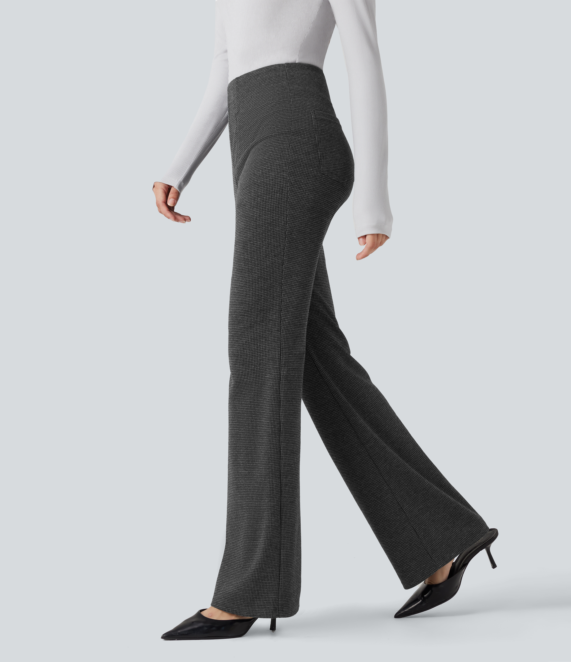 Flex™ High Waisted Houndstooth Flare Work Pants with Pockets  - Shadow Knit