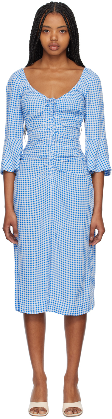 Blue gingham check midi dress