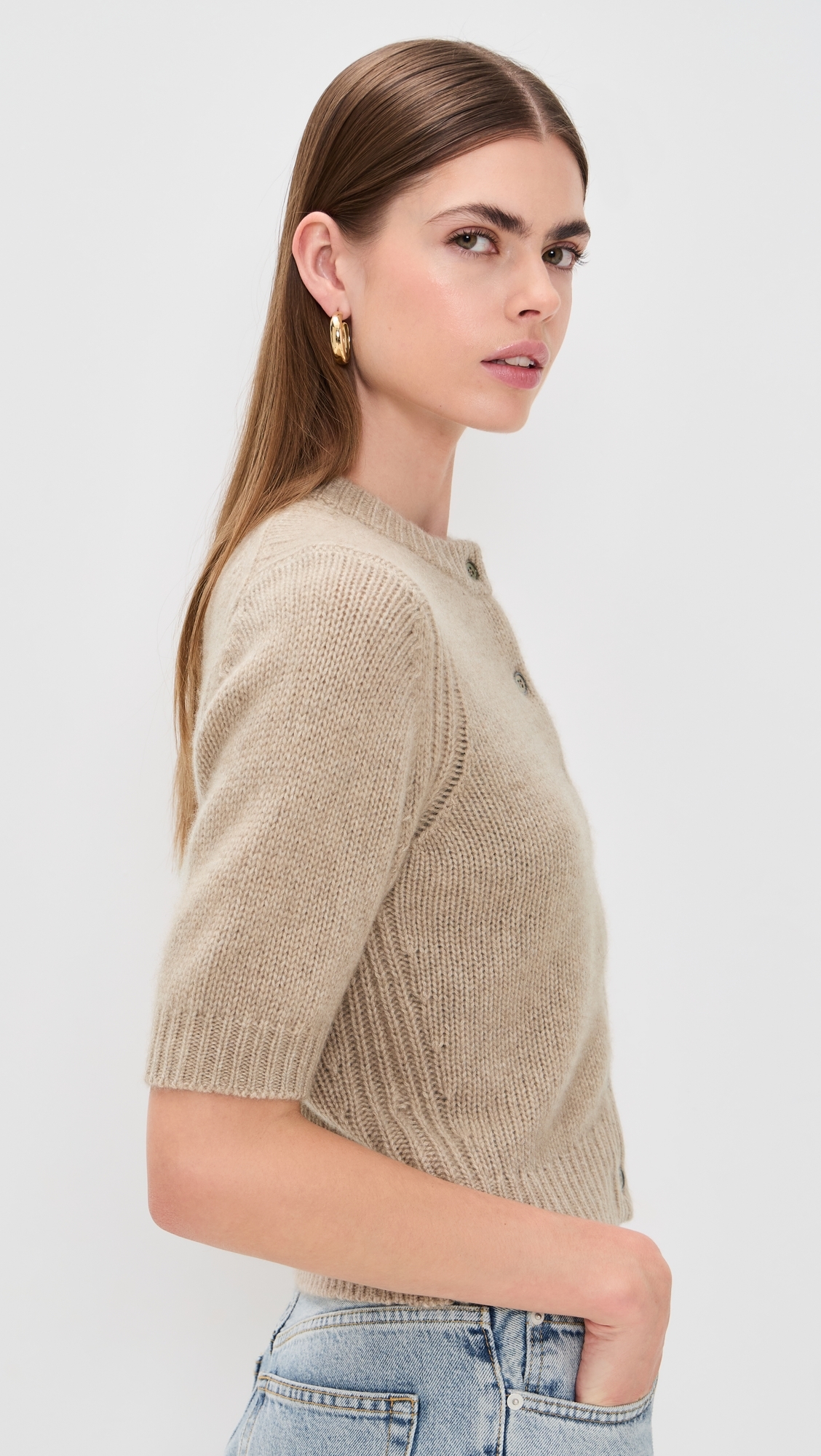 Cashmere Elbow Sleeve Cardigan Taupe Heather