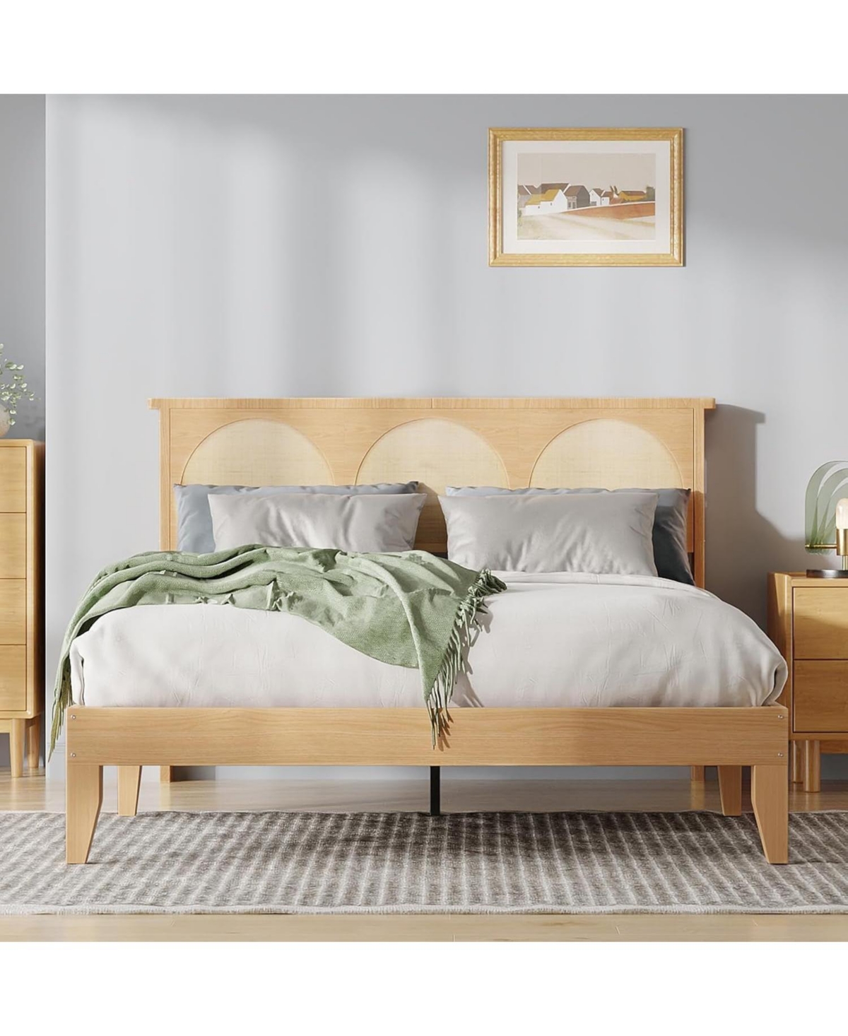 Queen Boho Rattan Bed Frame with Rgb Led Headboard, Underbed Storage, Solid Wood Slats, No Box Spring, Easy Assembly - Yellow
