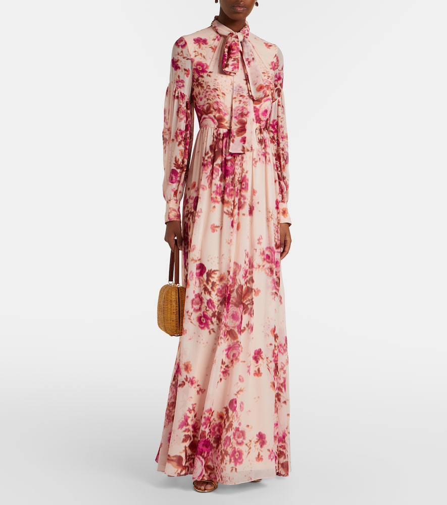 Floral neck-tie silk voile gown