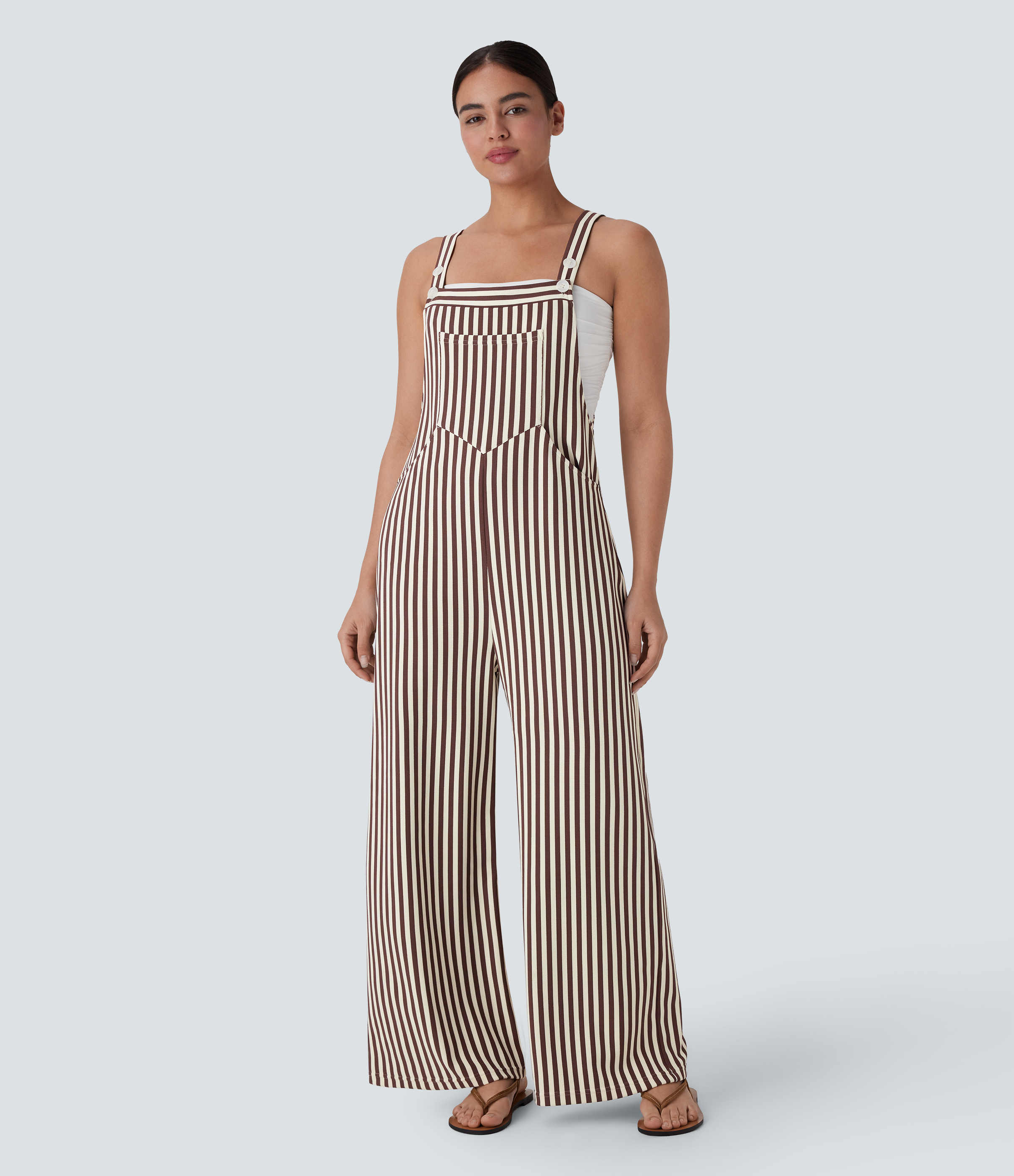 Pockets Stripe Waffle Overalls  - Khaki Brown Horizontal Stripe