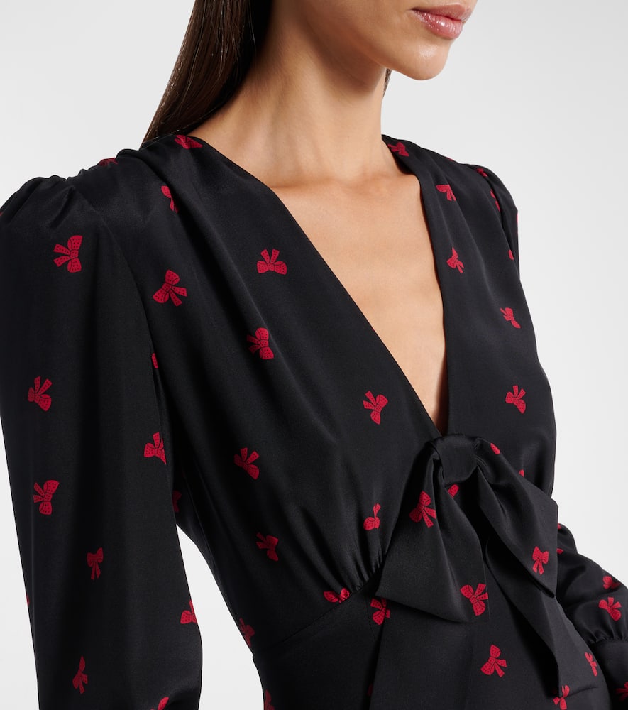 Bow-detail printed silk midi dress