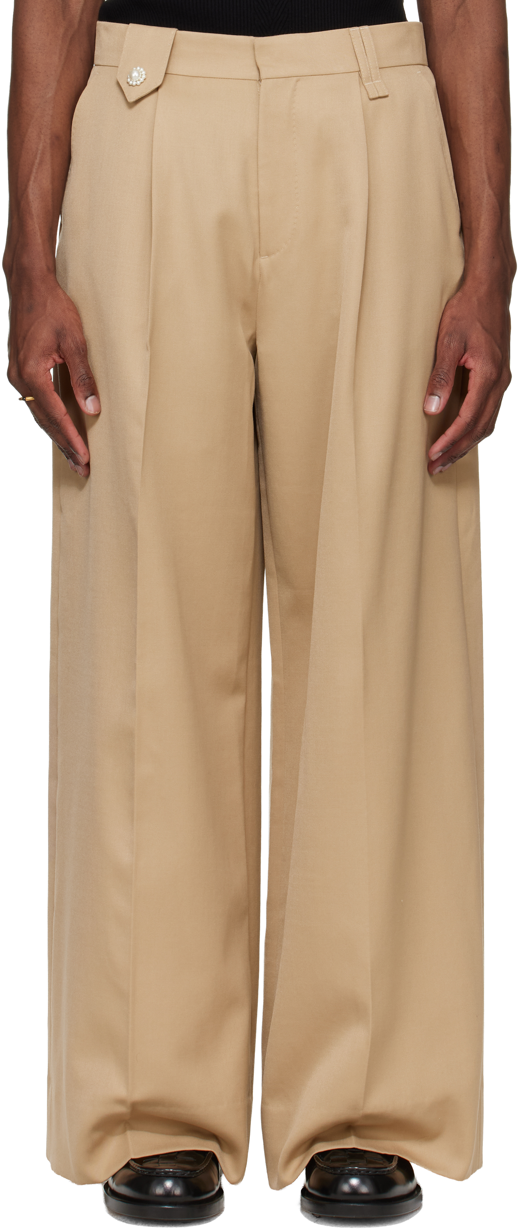 Beige Wide Leg Belt Loop Tab Trousers