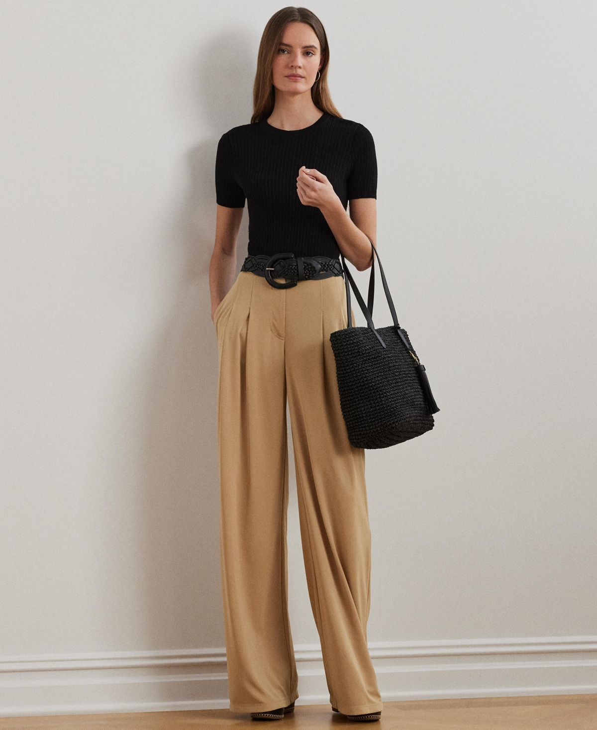 Women's Pleated Stretch Jersey Wide-Leg Pants - Birch Tan