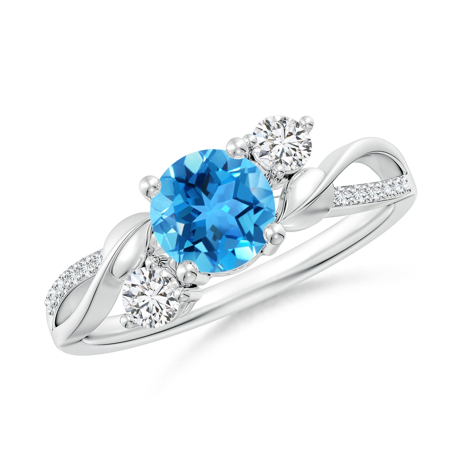 Angara 0.95 Carat Swiss Blue Topaz and Diamond Twisted Vine Ring in Platinum