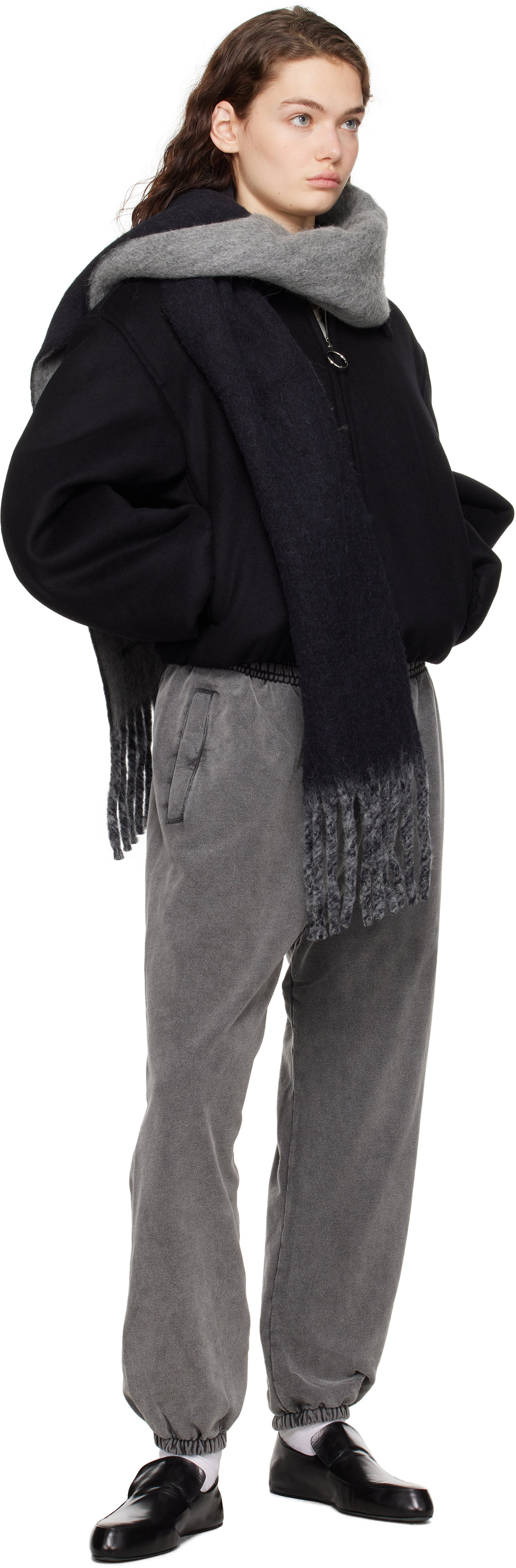 Acne Studios Black & Gray Fringed Logo Label Scarf