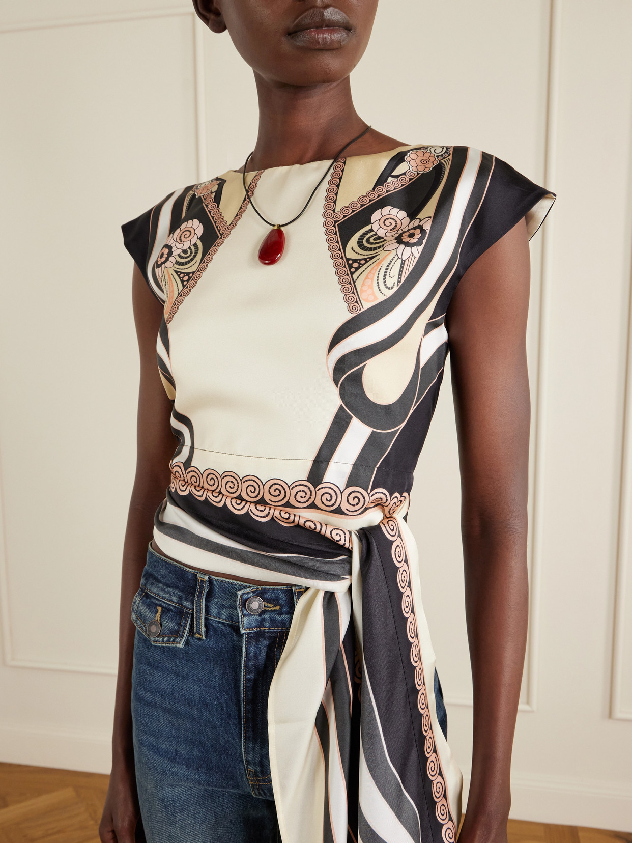 Tie-detailed Printed Silk-twill Blouse - Neutrals
