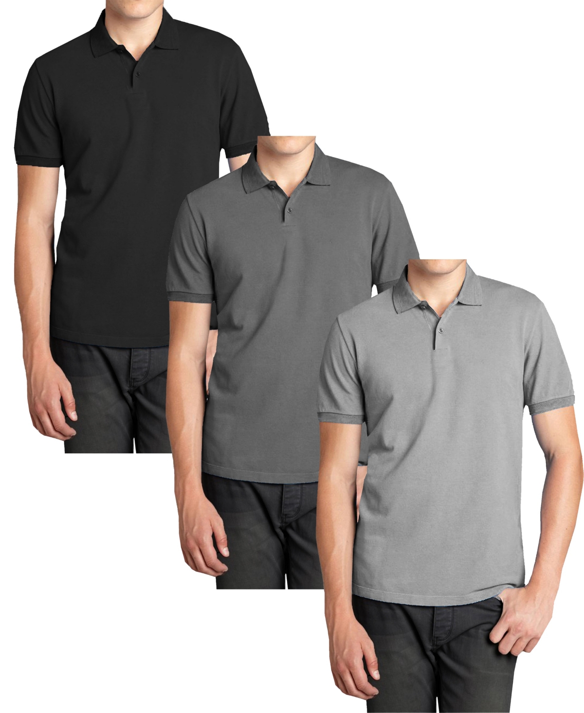 Men's 3-Pack Polo Avenue Short Sleeve Pique Polo Shirt - Black, Charcoal, Heather gray