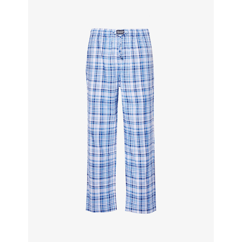 Mens Blue Plaid Logo-embroidered Regular-fit Cotton Pyjamas Bottoms S