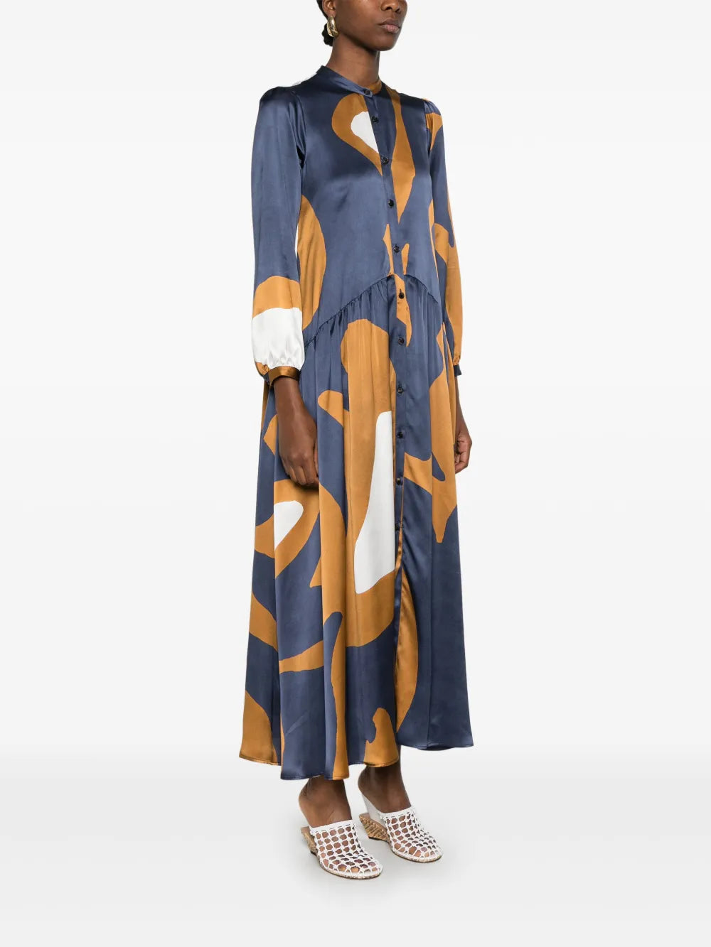 Abstract-Print Silk Maxi Dress — Navy