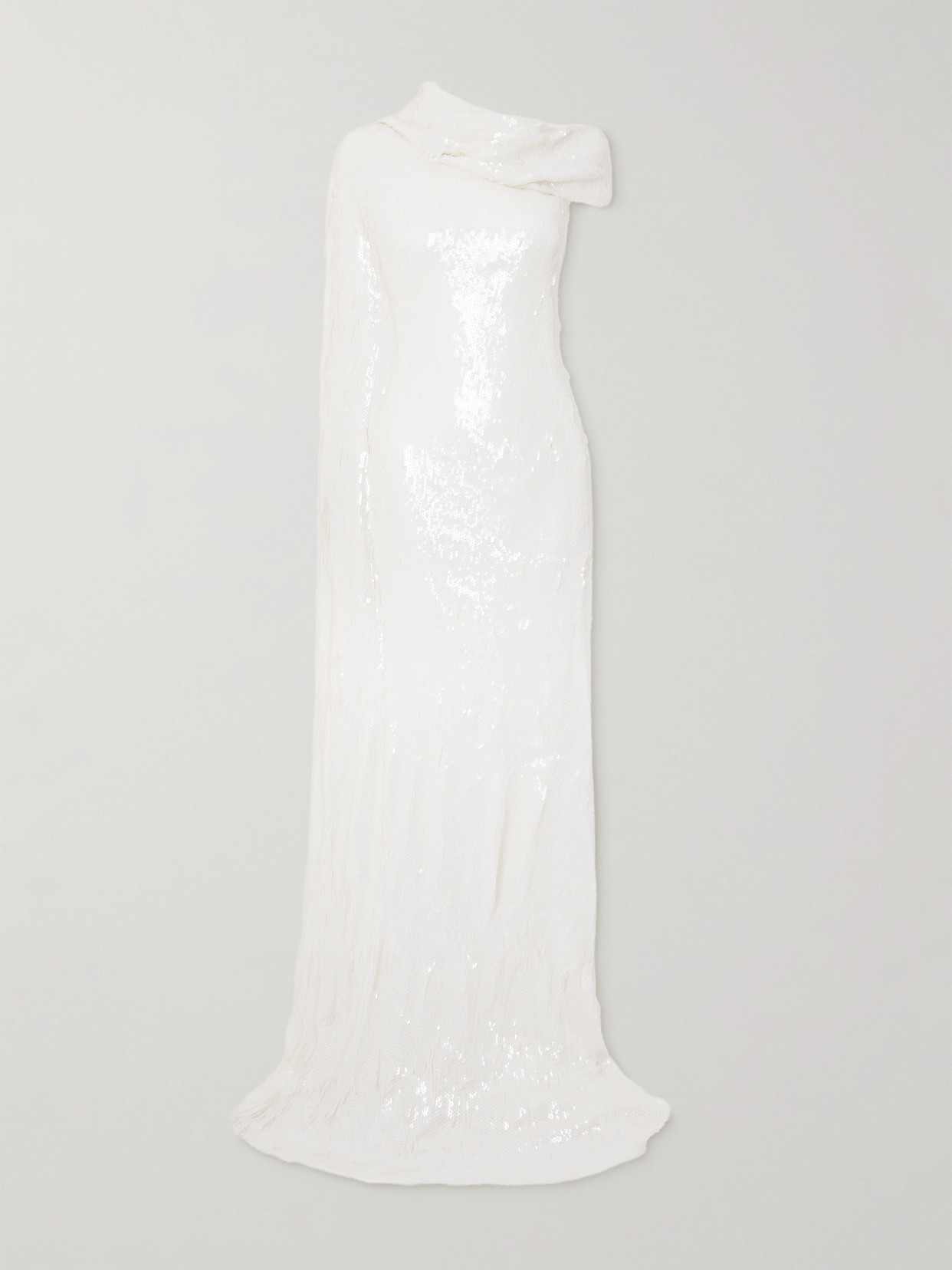 One-shoulder Cape-effect Draped Sequined Silk-blend Gown - Off-white