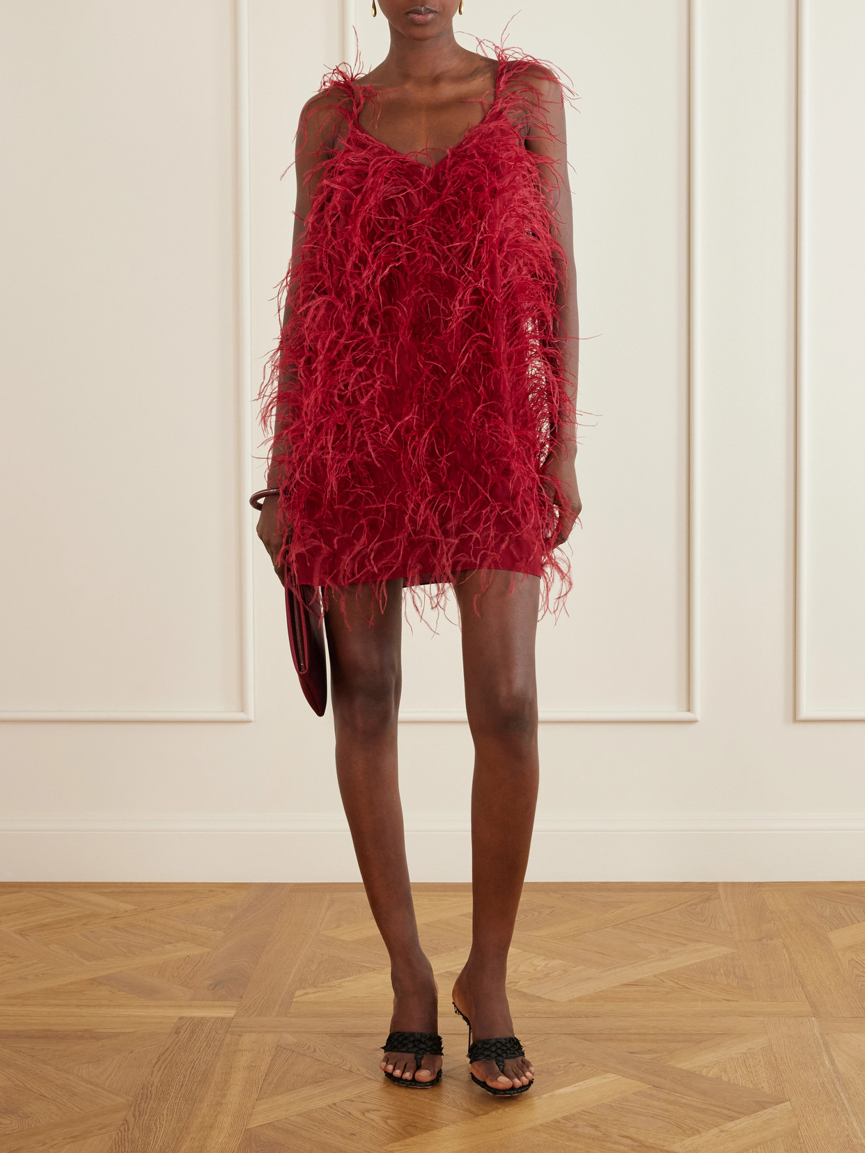 Sara Feather-trimmed Silk-crepe Mini Dress - Red