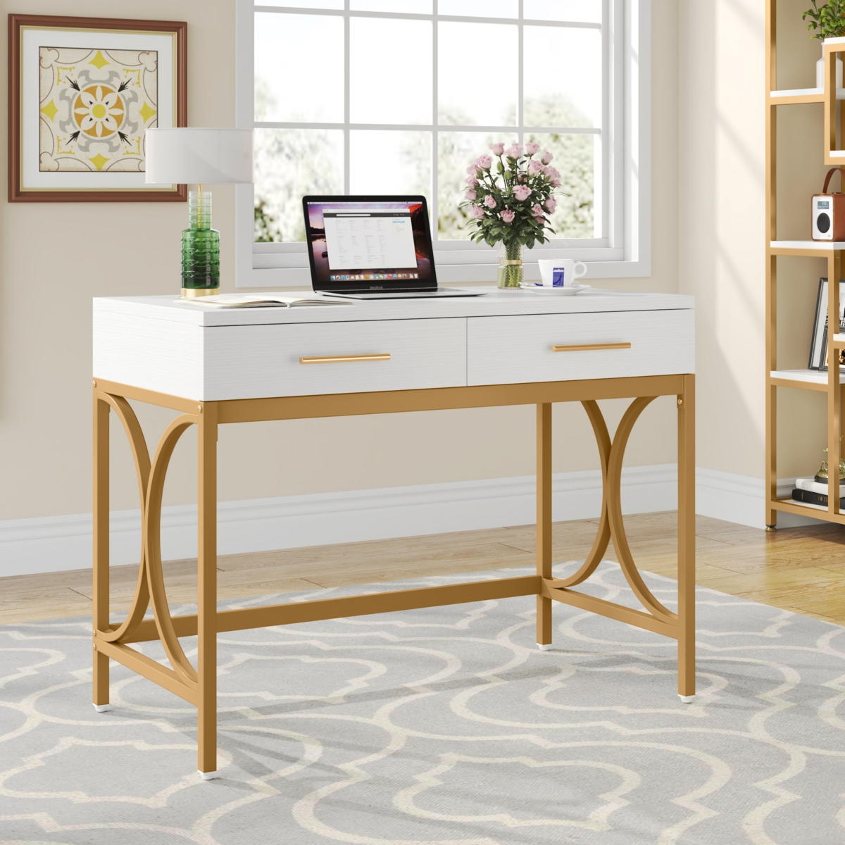 Modern Computer Desk with 2 Drawers, 41 Inches Study Writing Office Desk for Home Office, Bedroom, Makeup Vanity Table Desk with Gold Metal