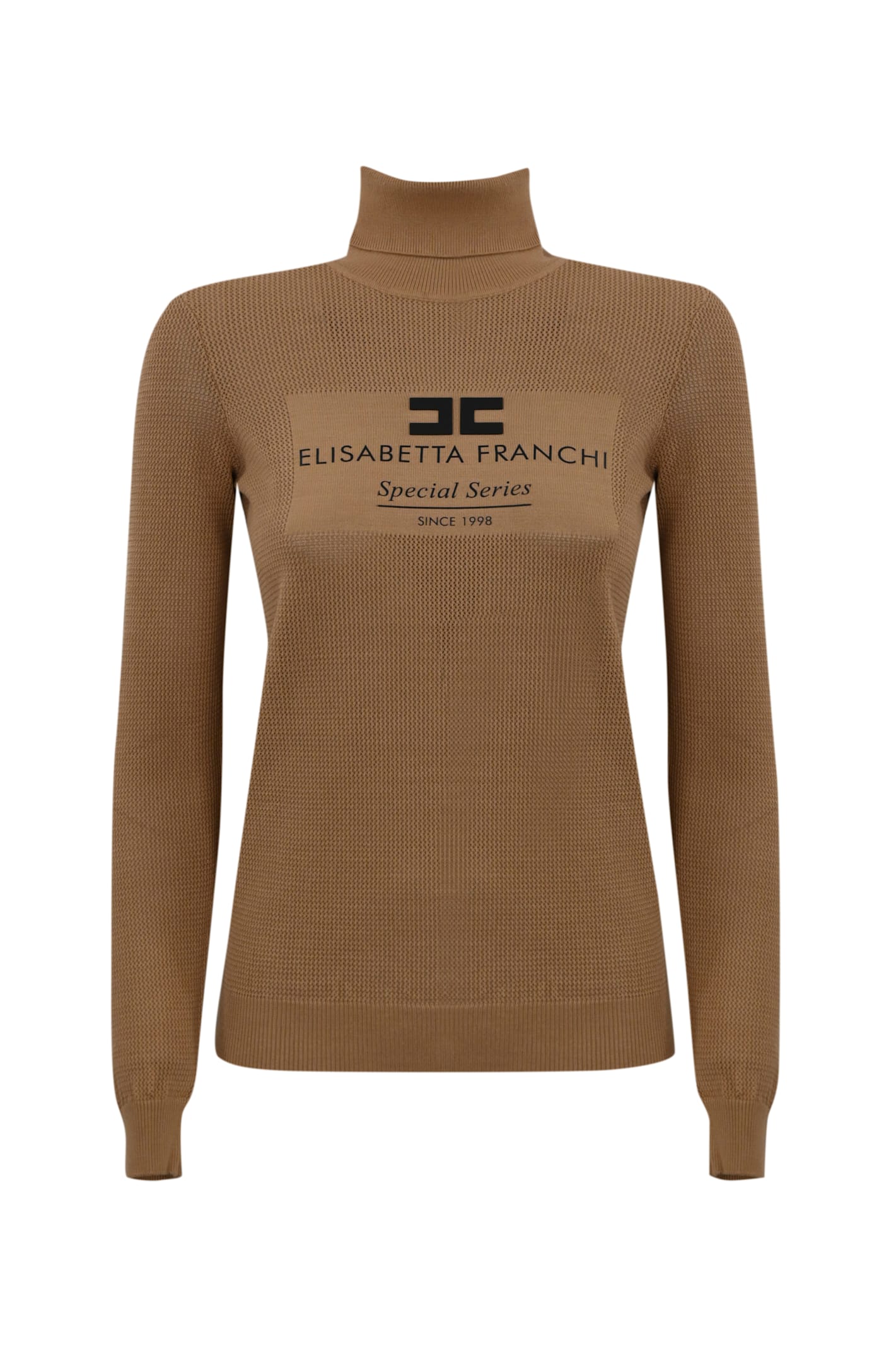 Turtleneck In Mesh Stitch Viscose Knit With Logo Inlay